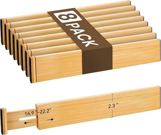 Adjustable Bamboo Drawer Dividers of 8, Expandable Organizers (16.9"-22.2") | Spring-Loaded Kitchen Drawer Organizer, Non-Slip Ends, 2.2" High, Easy Setup & Clean, for Kitchen, Dresser, Clothes, Bath by NCUE