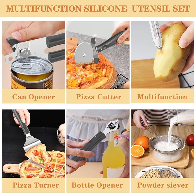 Silicone Cooking Utensil Set, Umite Chef 43 PCS Heat Resistant Kitchen Utensil Gadgets Set-Stainless Steel Handle- Kitchen Spatula Tools for Nonstick Cookware, Pots and Pans Accessories(Grey) - Image 4