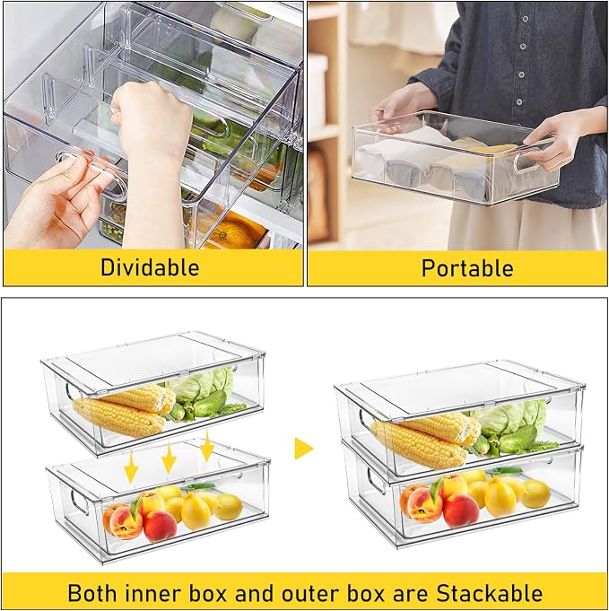 4 Pack Refrigerator Organizer Bins with Pull-out Drawer Stackable Clear Fridge Drawer Organizer Fruit Vegetable Storage Containers for Kitchen Pantry Organization (2 Large+2 Small) - Image 3