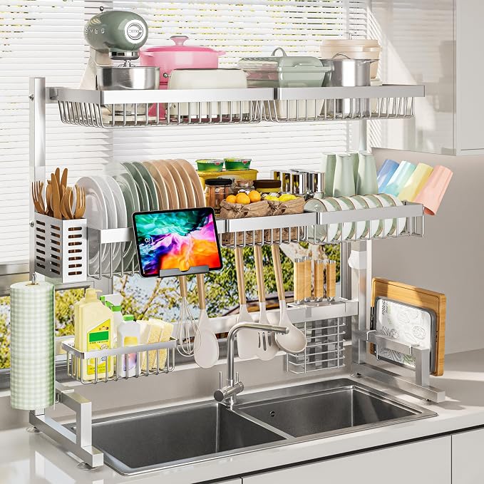 ADBIU Luxurious 304 Stainless Steel Over Sink Dish Drying Rack (Suitable for Sink Length 26.3"- 37.4") Snap-On Design 2 Tier Large Kitchen Dish Rack Stainless Steel Counter Organization and Storage by ADBIU