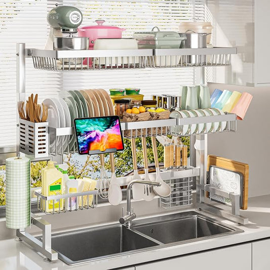 ADBIU Luxurious 304 Stainless Steel Over Sink Dish Drying Rack (Suitable for Sink Length 26.3"- 37.4") Snap-On Design 2 Tier Large Kitchen Dish Rack Stainless Steel Counter Organization and Storage by ADBIU