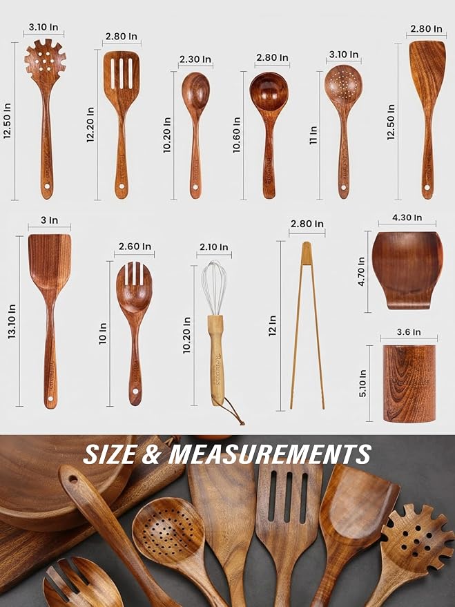 Kitchen Utensils Set, 12 Piece Teak Wooden Utensil Set for Cooking, Premium Teak Cooking Utensils, Non Toxic Wooden Spoons & Spatulas, Heat Resistant Kitchen Tools for Nonstick Cookware - Image 4