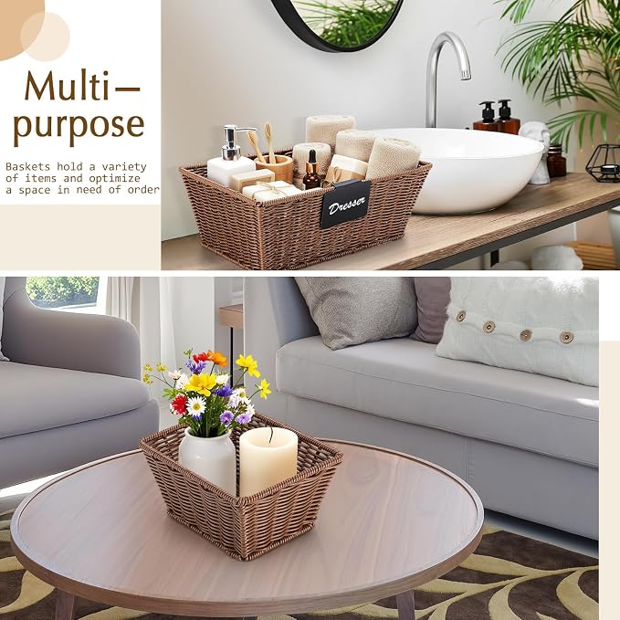 Marsui 6 Pcs Wicker Storage Baskets for Pantry Organization with Labels Handwoven Multi-size Brown Wicker Storage Bins for Organizing Small Baskets Container for Shelves Closet Toilet - Image 5