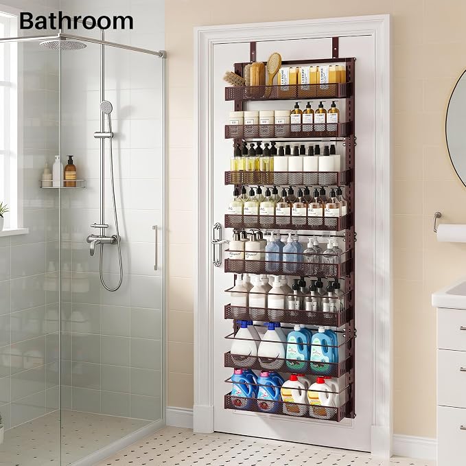 SNTD 8 Tiers Over the Door Organizer, 17" W x 6" D x 69" H, Bronze | Pantry Door Organizers and Storage, Height Adjustable Spice Rack, Dense Mesh Baskets, Anti-Swing, Adjustable Door Fastener - Image 9