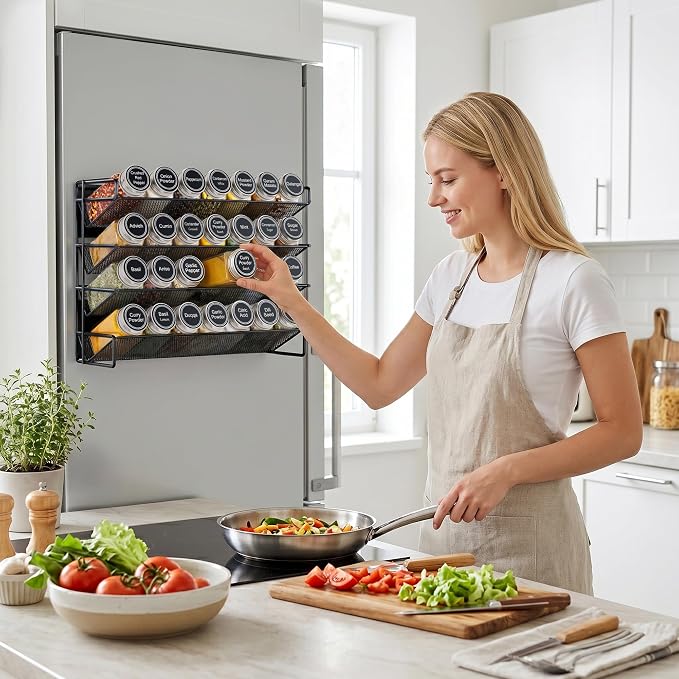 Magnetic Spice Rack Organizer for Refrigerator with 28 Spice Jars, 386 Spice Labels, 4 Hook, Chalk Marker and Funnel Set, Magnetic Shelf for Seasoning Organizer, 13.2'' W x 9.8 H, Black - Image 2