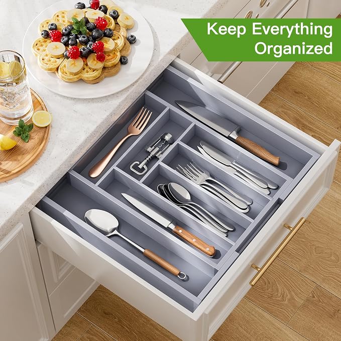 Pipishell Bamboo Expandable Drawer Organizer for Utensils Holder, Adjustable Cutlery Tray, Wood Drawer Dividers Organizer for Silverware, Flatware, Knives in Kitchen, Bedroom, Living Room(M-Grey) - Image 3