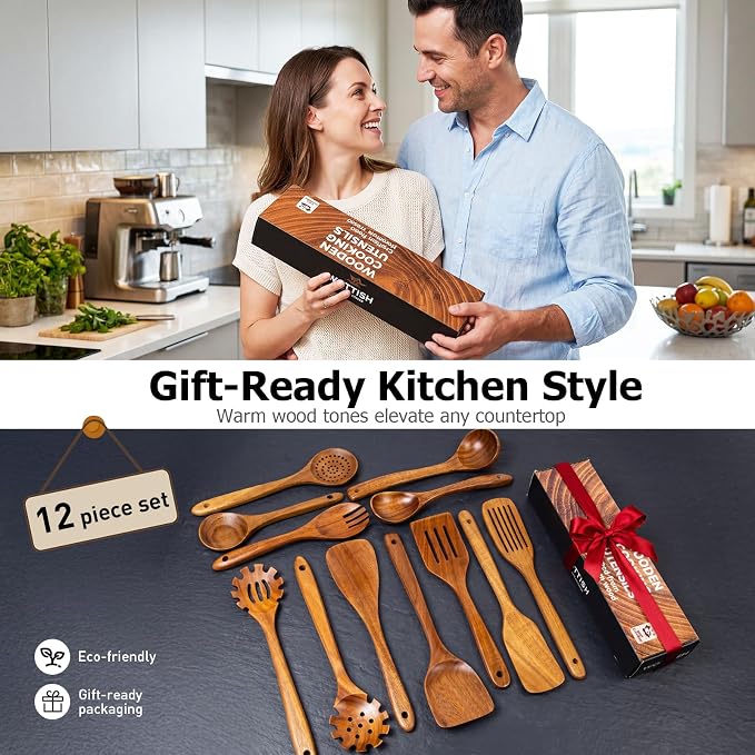 Wooden Spoons for Cooking, 12-Piece Teak Wood Kitchen Utensil Set, Nonstick Safe Wooden Spatulas and Spoons, Smooth Heat-Friendly Cooking Utensils for Everyday Meals (A12) - Image 9
