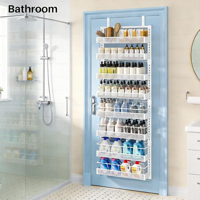 SNTD 8 Tiers Over the Door Organizer, 17" W x 6" D x 69" H, White | Pantry Door Organizers and Storage, Height Adjustable Spice Rack, Dense Mesh Baskets, Anti-Swing, Adjustable Door Fastener - Image 9