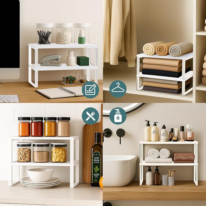 Sben Cabinet Organizer Shelf, Set of 2 Kitchen Counter Shelves, Kitchen Storage, Spice Rack, Stackable, Expandable, Metal and Engineered Wood, White - Image 7