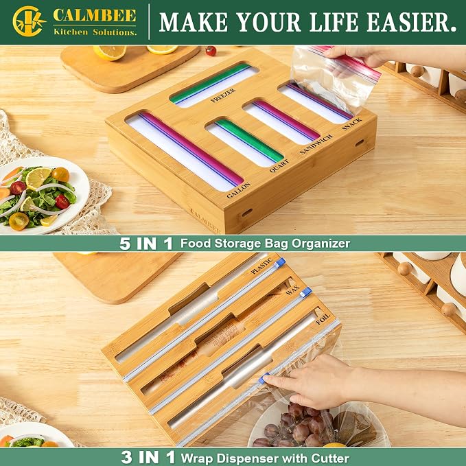 Calmbee 9 in 1 Bamboo Storage Bag Organizer for Kitchen Drawer – Plastic Wrap Dispenser with Cutter & Foil Organizer, Wooden Baggie Organizer for Sandwich, Snack, Gallon, Quart Sizes, Natural - Image 5