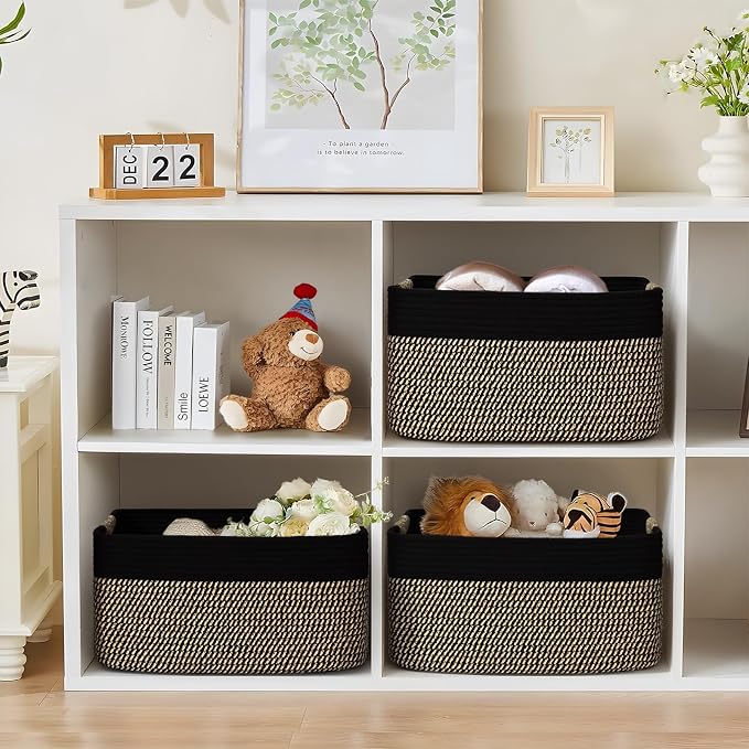 4 Pack Large Storage Basket for Organizing, 17.5"x13"x7" Woven Basket for Shelves, Closet Cube Storage Bins with Wrapped Handle, Cotton Rope Baskets for Kitchen, Clothes, Toys(Black & Brown) - Image 6
