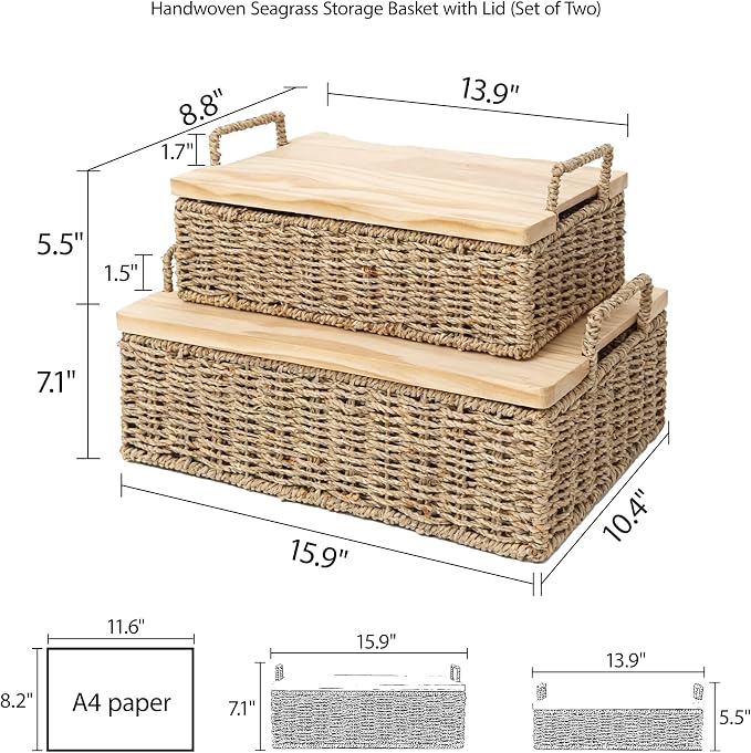 Woven Seagrass Wicker Storage Basket Set of 2 with Wooden Lids | Stackable Basket with Handles, Rectangular Decorative Basket for Shelves Home, Closet & Desktop Organization - Image 6