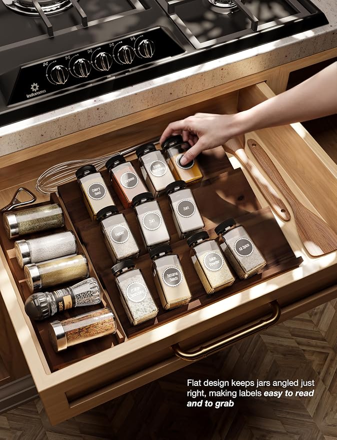 Tinamo Acacia Wooden Spice Rack Organizer for Cabinet - Spice Drawer Insert, Spice Organization for Cabinet, Seasoning Organizer, Spice Holder Pack of 8 (Walnut, Pack 8) | Acacia Wood Construction, No assembly, Stackable 4-tray design, Spacious for up ... - Image 5