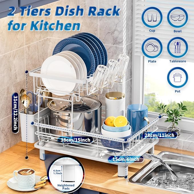 Dish Drying Rack,Stainless Steel-Dish Rack,Double Layer, | Dish Racks for Kitchen Counter, Kitchen Dish Drainers with Removable Utensil Holder,New Drain Outlet, - Image 7
