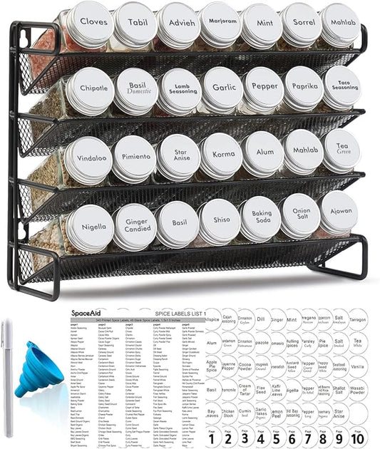 SpaceAid Spice Rack Organizer with 28 Spice Jars, 386 Spice Labels, Chalk Marker and Funnel Set for Cabinet, Countertop, Pantry, Cupboard or Door & Wall Mount - 28 Jars, 13.4" W × 10.8" H, White by SpaceAid