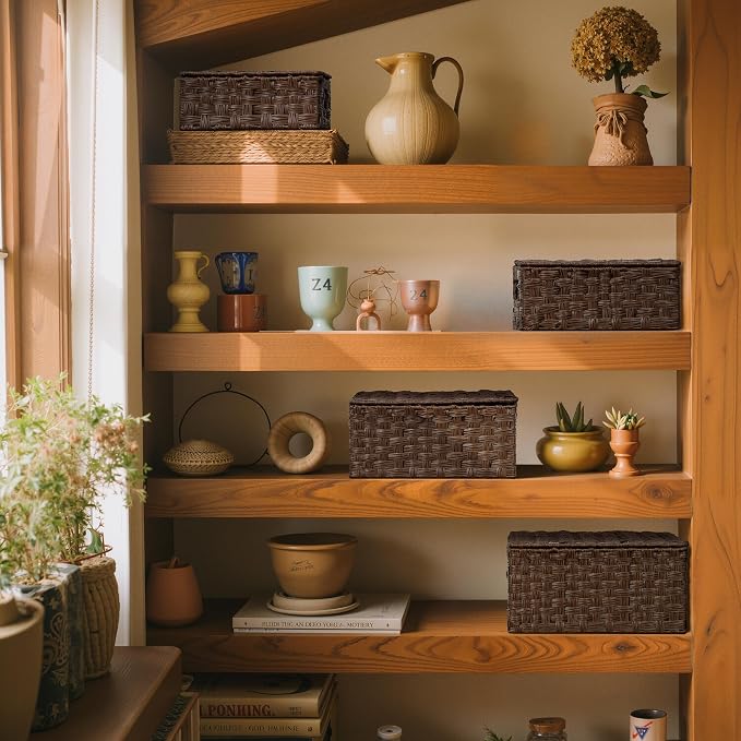 Granny Says Wicker Basket With Lid, Decorative Storage Baskets For Shelves | Woven Baskets With Lids, Wicker Baskets For Storage, Decorative Storage Boxes, Woven Stackable Basket with Lid for Organizing - Image 4