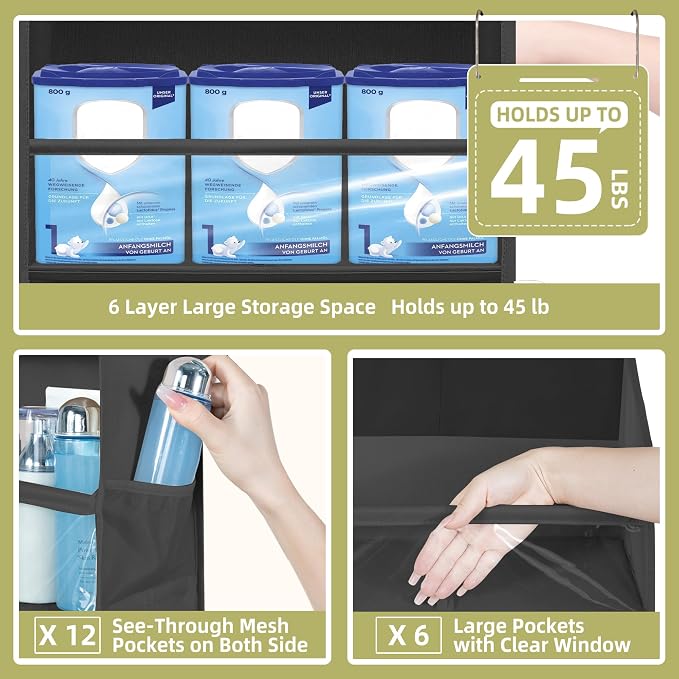 Over Door Organizer with 6 Extra Large Pockets and 12 Side Pockets, Large Capacity Hanging Storage Organizer with Clear Window for Shoes, Diapers, Black, 6 Layers, 2-Pack - Image 5