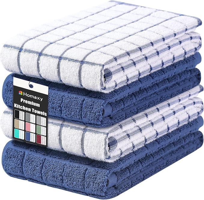 Homaxy Large Premium Cotton Kitchen Towels 16"x 28", 4 Pack, Navy Blue | Natural Ring Spun 390 GSM Dish Towels, Super Absorbent Terry Kitchen Hand Towels, Soft Tea Towels with Hanging Loop by Homaxy