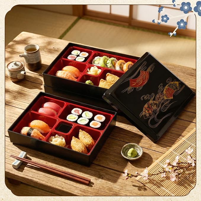 Teenyyou 1 Pcs Three -Tier Japanese Lunch Bento Box 10.6 x 8.3 x 6.1 Inch Japanese Stackable Lunch Box Divided Bento Container with Greaseproof Gift for Sushi Meal Snack Home Restaurant - Image 4