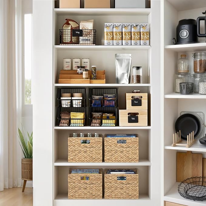 Large Square Woven Hyacinth Wicker Pantry Storage Baskets, Set of 4 | 11"x11"x10", Natural, Iron Wire Frame - Image 3