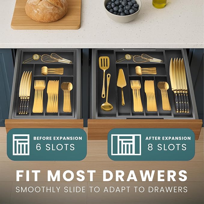 Sben Expandable Drawer Organizer for Utensils Holder, Adjustable Cutlery Tray, 6-8 Slots, Premium Wood Drawer Dividers Organizer for Silverware, Flatware, Knives for Kitchen (Black) - Image 8