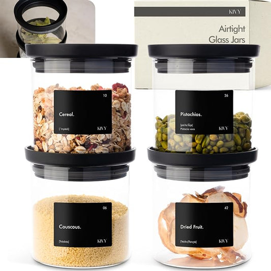 KIVY Airtight Glass Jars with Lids & Labels [4x 17oz] Stackable Glass storage jars with airtight lids - Black Glass Jars with airtight lid - Food Glass canisters with transparent lids by KIVY