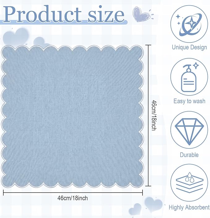 SmoothNovelty 12 Pack Buffalo Plaid Cloth Napkins 18x18 Inch Checkered Cloth Napkins Scalloped Soft Cotton Table Mat Washable Reusable for Dinner Wedding Holiday Birthday Parties (Cute,Gray-Blue) - Image 2