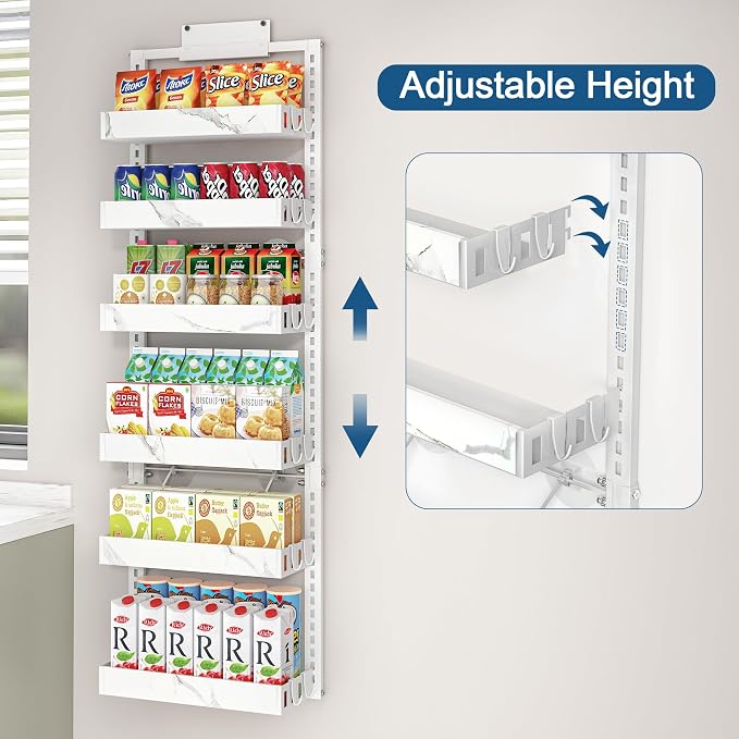 BUKFEN Over the Door Pantry Organizer, 6-Tier Adjustable Basket Spice Rack | 2-IN-1 Door & Wall Mounted, Heavy Duty Metal Storage Shelf, 12 Hooks, Behind Door Organizer for Kitchen, Bathroom, Closet - Image 2