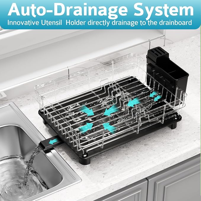 Dish Drying Rack - Space Saving Dish Rack - Dish Racks for Kitchen Counter with Drainboard,Rustproof Dish Drainer with Removable Utensil Holder,Black - Image 2