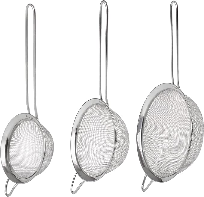 Berghoff 3Pc Essentials Stainless Steel Fine Mesh Kitchen Strainer Set | Wire Metal Food Sifter With Long, Ergonomically Designed Handle, Dishwasher Safe, For Pasta, Tea, Flour, Sauce & Liquid by BergHOFF