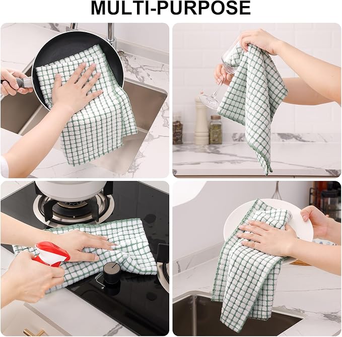 Kitinjoy Cotton 12 Pack Kitchen Towels and Dishcloths Sets, Grass Green | 16 x 25 Inch & 12 X 12 Inch Dish Towels Bulk, Super Soft and Absorbent hand towels for kitchen Drying - Image 3