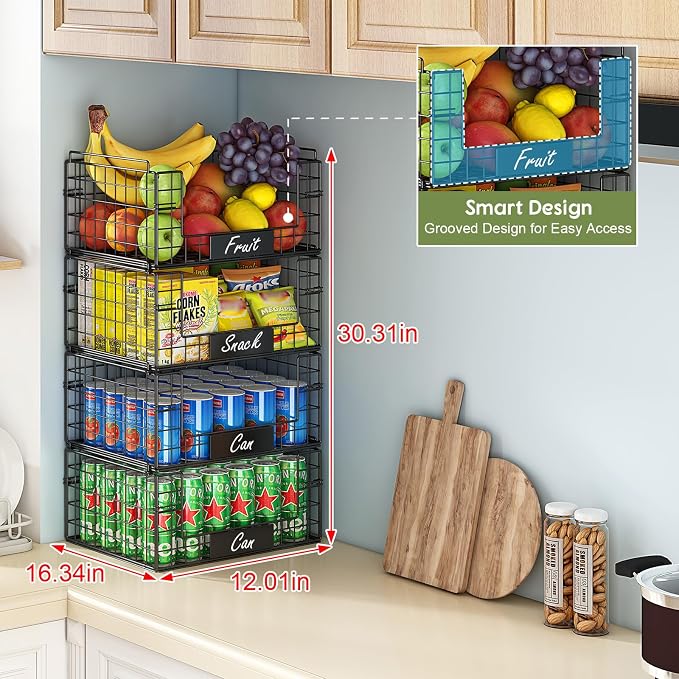 JKsmart 4 Pack XXL Stackable Wire Baskets for Pantry Organizers and Storage | Vegetable and Fruit Basket with Name Plates & Handles, Kitchen Pantry Organizer for Snack Can Fruit Veggies - Image 2