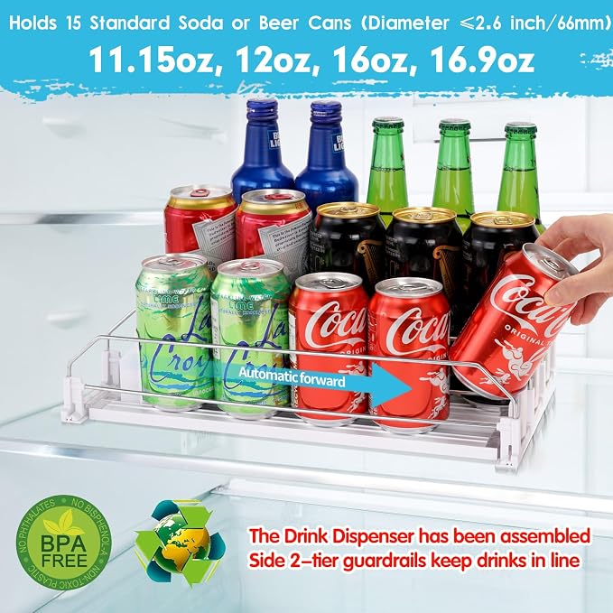 Automatic Soda Can Organizer Refrigerator Can Dispenser for Beer Soda Seltzer already Assembled Drink Pop Can Holder Self-Pushing Drink Organizer for Fridge Storage 15 cans of 11.15oz 12oz 16oz 16.9oz - Image 2