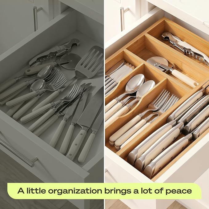 Drawer Organizer with Knife Block for Kitchen Organization, Bamboo Silverware Drawer Organizer, Compact Bamboo Cutlery Tray for Flatware and Utensils, Removable 7-Slot Knife Block for Kitchen Drawers - Image 8