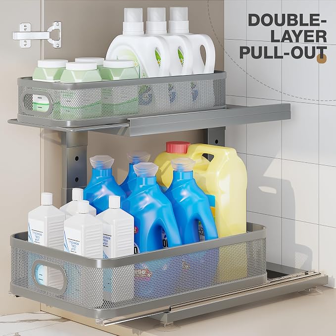 2 Pack 15.5IN-Depth Under Sink Organizer With Next-Gen Ball-Bearing Slides,2-Tier Precision Mesh Pull Out Cabinet Storage for Bathroom&Kitchen,Height Adjustable Drawers Shelf,Anti-rust-Grey - Image 4