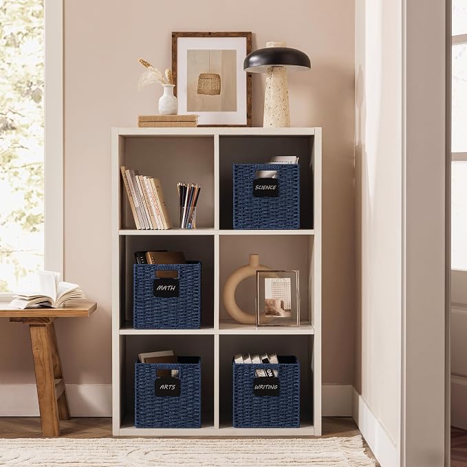 UBBCARE 4 Pack Small Wicker Basket, 9×9 Storage Cubes with Label, Foldable Cube Storage Bin with Handle, Square Storage Basket for Shelves, Woven Paper Rope Basket for Organizing, Navy Blue - Image 5