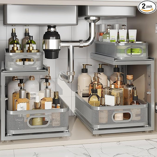 2 Pack 15.5IN-Depth Under Sink Organizer With Next-Gen Ball-Bearing Slides,2-Tier Precision Mesh Pull Out Cabinet Storage for Bathroom&Kitchen,Height Adjustable Drawers Shelf,Anti-rust-Grey by Corbyles