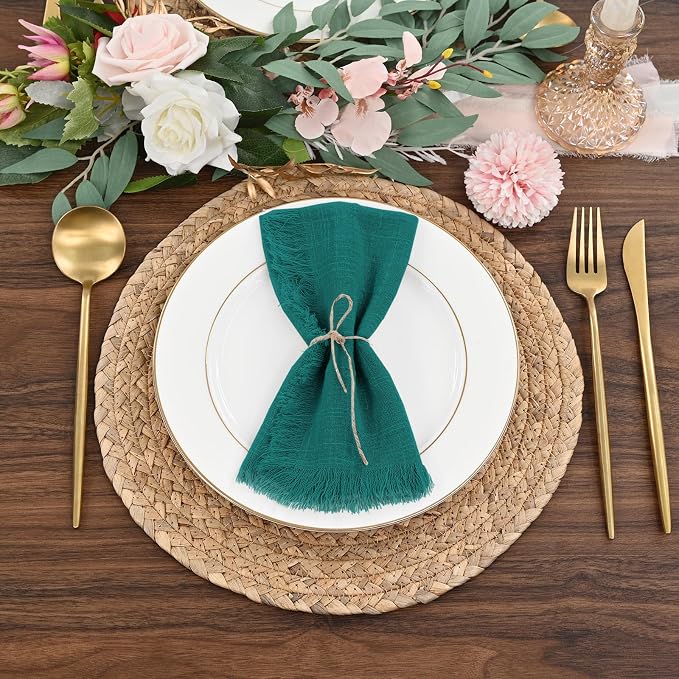 36 Pack Teal Cotton Linen Napkins 16 x 16 Inch Teal Napkins Cloth Handmade with Fringe Soft Cloth Napkin Washable Rustic Dinner Napkin for Wedding Party Dinner Table - Image 7