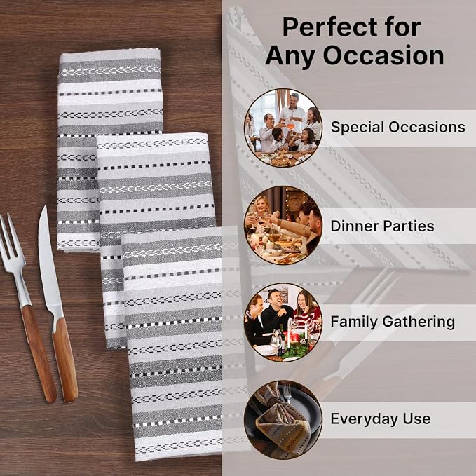 LFH Home Cotton Rich Cloth Salsa Napkin Set of 12 Washable Soft Durable Striped Table Napkins for Dining Wedding, Daily Use Reusable Eco-Friendly Fabric Napkins (18x18)-Grey Thanks Giving - Image 2
