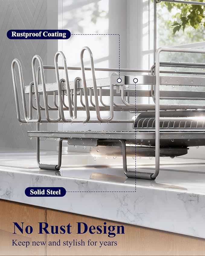 Kitsure Extendable Dish Drying Rack, 19.2"-26.7" L x 12.9" W, 2-Tier | Large Dish Rack, Multifunctional Dish Rack for Kitchen Counter, Anti-Rust Dish Drainers with Cutlery & Cup Holders,Grey - Image 4