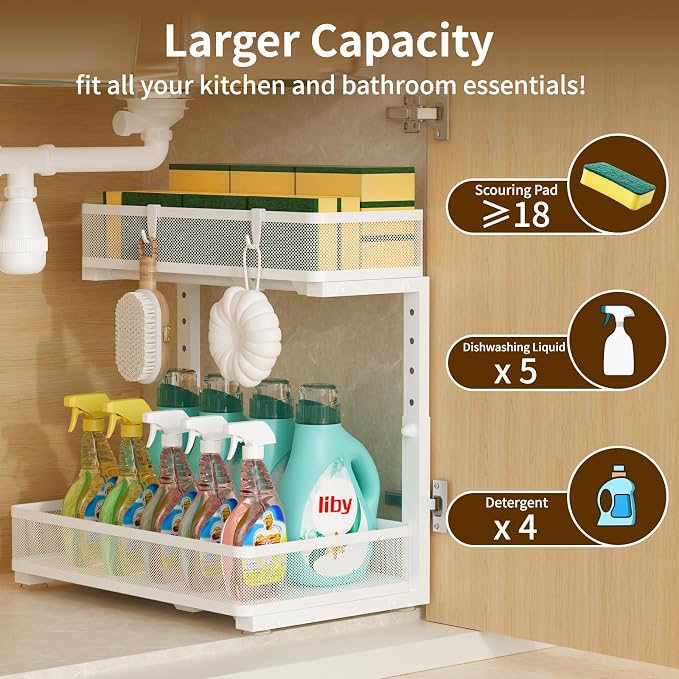 Under Sink Organizer 2 Pack, 2-Tier Slide Out Cabinet Organizer with Metal Sliding Drawer and Hooks, Pull Out Storage Baskets for Kitchen Bathroom Pantry Cabinet Organization (White) - Image 2