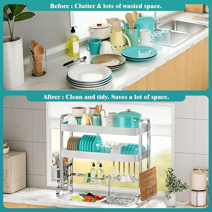 HOWDIA 3-Tier Over The Sink Dish Drying Rack, 304 Stainless Steel | Honeycomb Design, Cutlery Holder & Chopping Board Rack, 33.86” x 11.81” x 33.07” for Maximum Kitchen Storage - Image 7