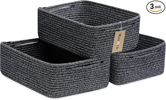 MiniArk Large Shallow Organizing Baskets 15x11x5.1 Inches - Rope Woven Storage Bins for Bathroom, Shelves, Cube Closet, Mixed Black 3 Packs by MiniArkStorageBasketsHome