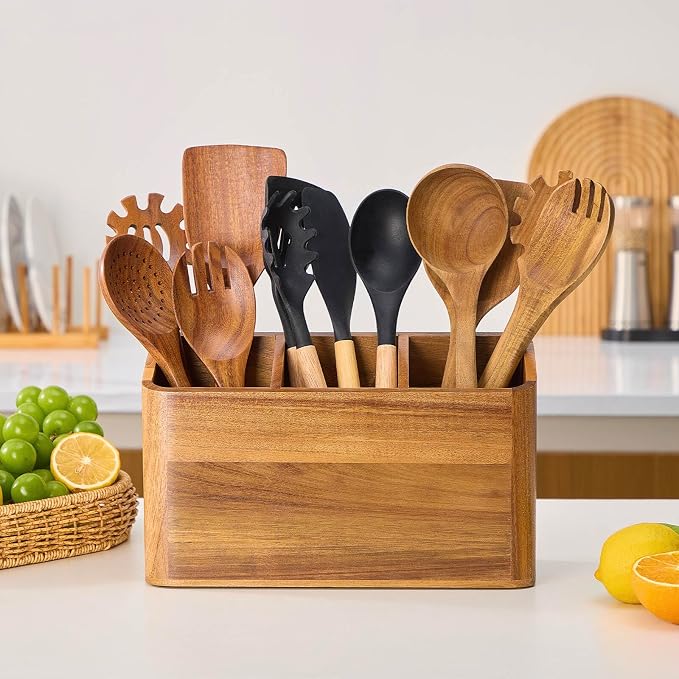 Wooden Utensil Holder for Kitchen Counter, Acacia Wood Kitchen Utensil Holder for Countertop with 4 Compartment, Cooking Utensil Organizer, Silverware Caddy (Acacia Wood, 3Compartment) - Image 3