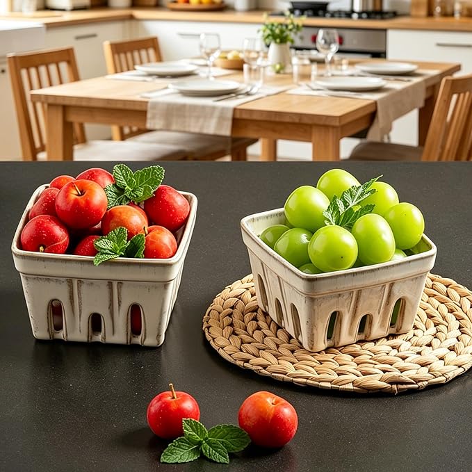 Ceramic Berry Basket, 6" Colander Set of 2 with Holes | Drainage holes help excess water flow away after washing berries, grapes, cherries, tomatoes, and fresh fruit - Image 8