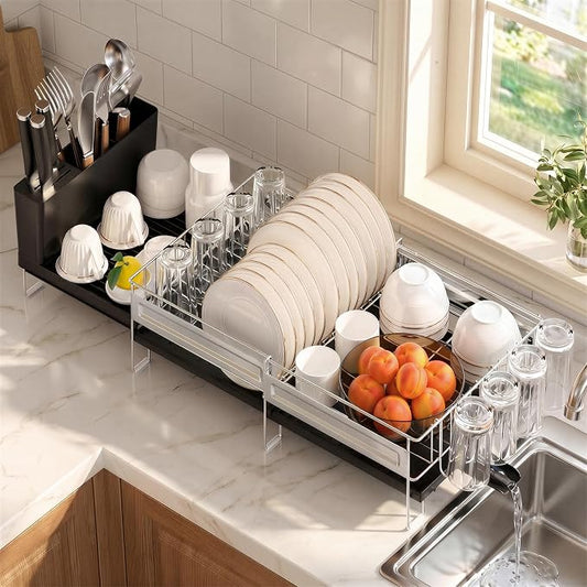 Delamu Large Dish Drying Rack, Stainless Steel Dish Racks for Kitchen Counter, Multifunctional Dish Drainer with Cutlery & Cup Holders, Extendable from 13.4 to 28.7 in, Black by DELAMU