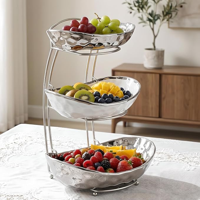 XUDREZ 2 Tier/ 3 Tier Fruit Bowl with Metal Stand for Kitchen Counter, Ceramic Gold Silver White, Portable Tiered Fruit Basket Fruit Rack for Nuts, Snacks, Bread, Candy Storage (Silver B, 3 Tier) - Image 4