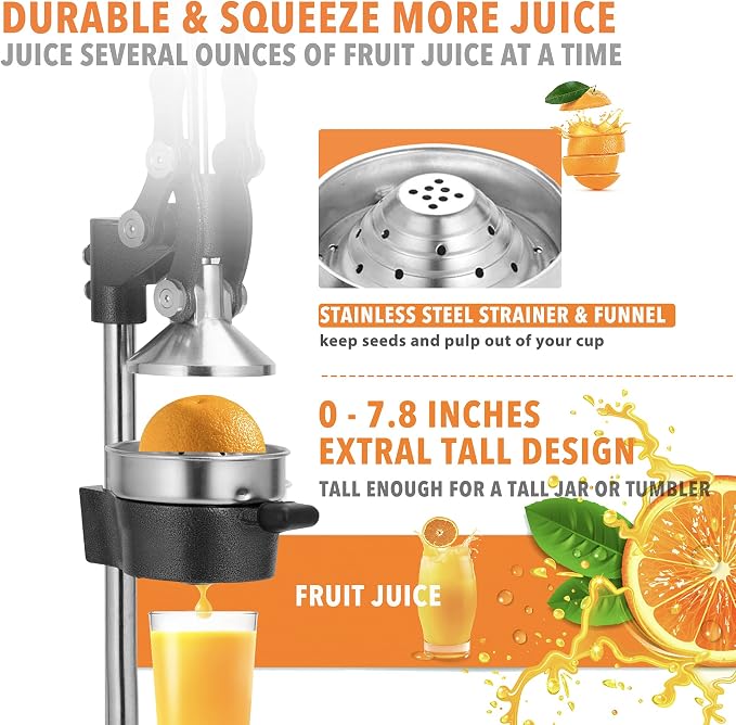 19 Inch Height Extra Tall Commercial Heavy Duty Cast Iron Hand Press Manual Orange Citrus Lemon Lime Grapefruit Pomegranate Fruit Juice Squeezer Machine with Stainless Steel Cup Black - Image 5