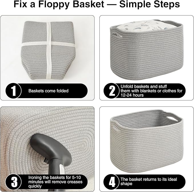 ICERZCZ Woven Cotton Rope Storage Baskets for Organizing & Shelves, Organization Bins for Dog Toys, Clothes, Books, Nursery Organizer, 15"x11"x9", Grey (4 Packs) - Image 6