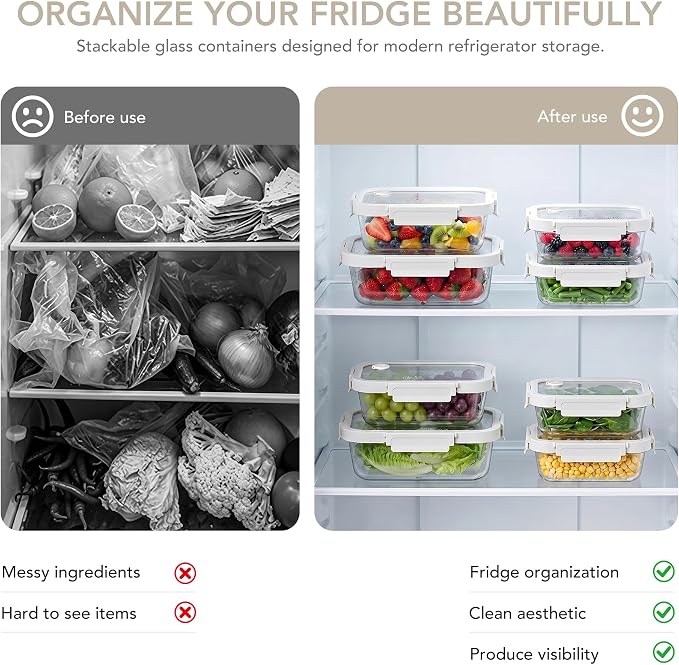4 Pack Glass Produce Storage Containers for Fridge with Glass Lids | 82oz Borosilicate Produce & Meal Prep Containers, Airtight Leakproof BPA Free Fridge Organizer, Microwave Dishwasher Safe - Image 4